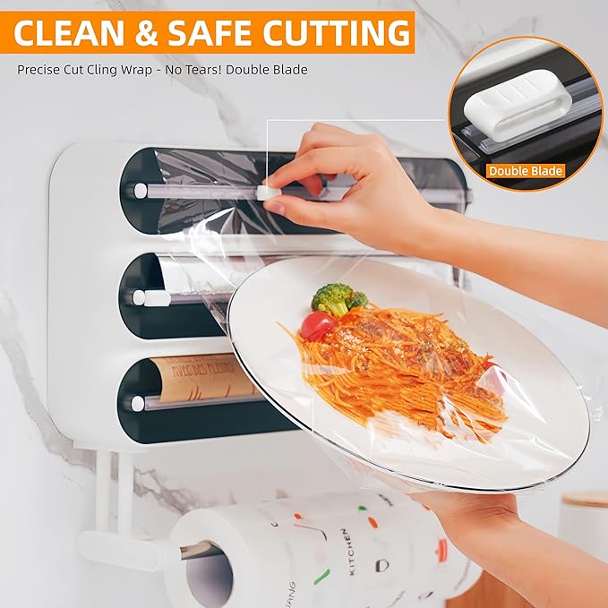 Aluminum Foil & Plastic Wrap Dispenser with Cutter - Magnetic & No-Drill Wall Mount, Cling Film Dispenser with Paper Towel Holder, Space-Saving 4-in-1 Kitchen Organizer - Fits 12" Roll, Black