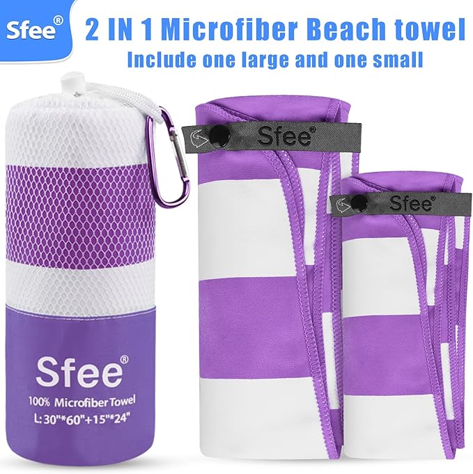 2 in 1 Microfiber Beach Towel, Quick Dry Towel Camping Travel Towel Super Absorbent Compact Lightweight Sports Towel Gym Towels Set for Beach, Gym, Hiking, Pool, Backpacking, Bath, Yoga