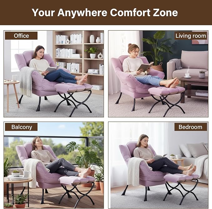 Welnow Lazy Chair with Ottoman, Modern Lounge Accent Chair with Armrests and a Side Pocket, Leisure Upholstered Sofa Armchair Set, Reading Armchair with Footrest for Small Space, Light Purple
