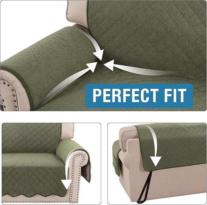 H.VERSAILTEX Waterproof Quilted Couch Covers Non Slip Sofa Covers Protector Slipcovers for Dogs, Covers for 3 Cushion Couch Sofa Pet Furniture Protector Modern Fleece Fabric (Sofa,Tea Tree)