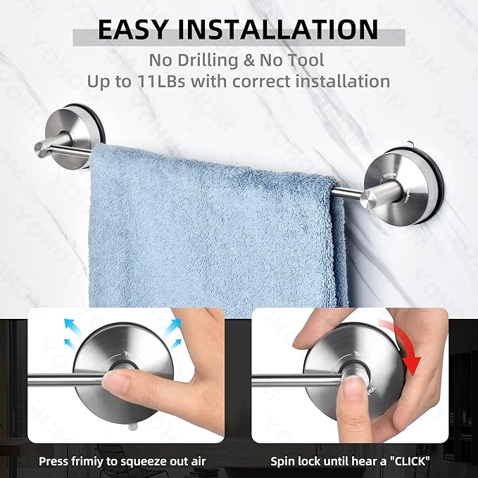 YOHOM Suction Cup Towel Bar for Shower 22 Inch Stainless Steel Bathroom Hand Towel Holder Suction Washcloth Holder Kitchen Towel Rack for Glass Shower Door Removable Towel Rod Rail Brushed Wall Mount