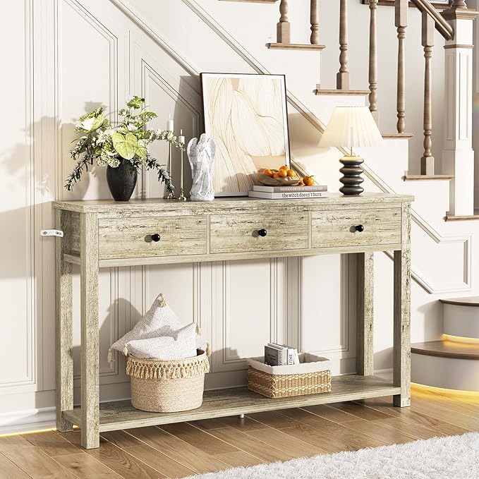 Homieasy Farmhouse Console Table with 3 Drawers, 47 Inch Wood Sofa Table with Storage Shelf for Living Room, Behind Couch, Entryway Table for Hallway, Living Room, or Foyer, Light Rustic Oak