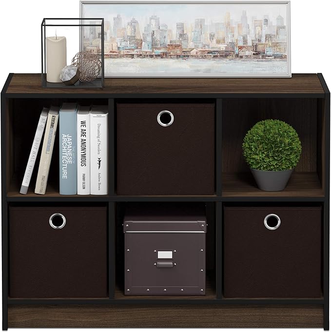 Furinno BASIC Book Shelf, 6-Cube Bookshelf with Open Shelf, 3 x 2 Bookcase with Storage Bins, Closed Back, Horizontal, 11.9" x 31.6" x 23.6", for Living Room, Bedroom, Home Office, Columbia Walnut