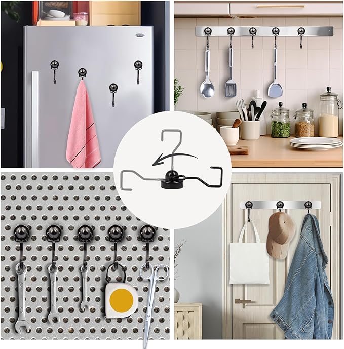 Magnet Hooks for Cruise Cabins, Heavy Duty Swivel With Black Painting for Refrigerator Hanging, Grill (6 Pack, Black)