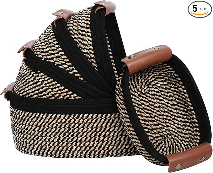 5 Piece Storage Baskets Small Woven Basket with Detachable Leather Handle, Cotton Rope Shelf Baskets for Closet Organizers, Different Sizes Basket Decor, Black Brown