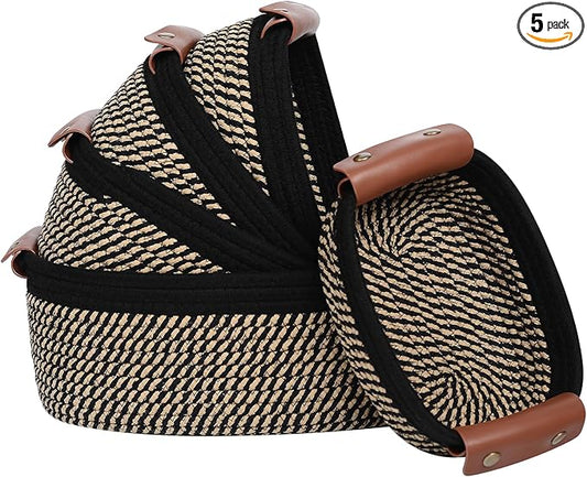 5 Piece Storage Baskets Small Woven Basket with Detachable Leather Handle, Cotton Rope Shelf Baskets for Closet Organizers, Different Sizes Basket Decor, Black Brown