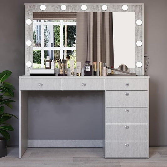 Boahaus Serena White Makeup Vanity with Mirror and 11 Lights, 7 Drawers, Glass Top, Crystal Knobs, USB-A & USB-C Ports, 110V Power Outlet, Bedroom Vanity Desk (Grey-1)