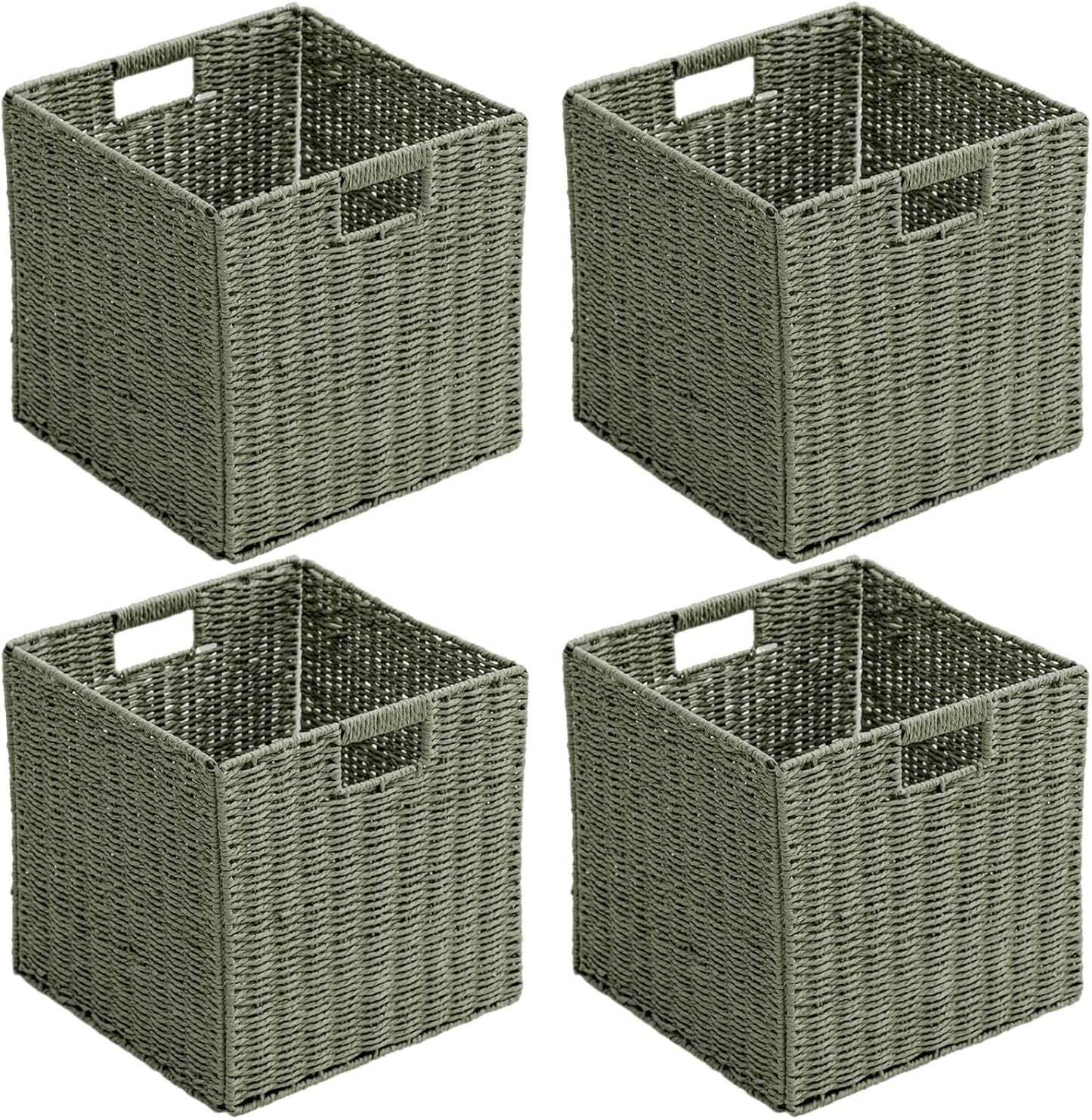 Handwoven Paper Woven Cube Basket Organizer with Handles set of 4 Foldable Storage baskets for Bedroom Living Room Cubby Storage Units for Clothes Books Toys (Green, 13" L x 13" W x 13" H)