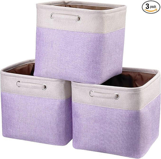 Fabric Cube Storage Bins Foldable Storage Boxes Light Purple and Silver Khaki Patchwork Storage Baskets Cubes Storage Bins with Handle Cube Inserts Storage 13x13x13 cube organizer bin Pack of 3