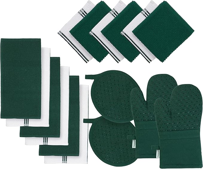 LANE LINEN Dish Towels and Dishcloths Sets - 16 Pc Kitchen Mitts and Pot Holders, 100% Cotton Kitchen Dish Rags for Washing Dishes - Green