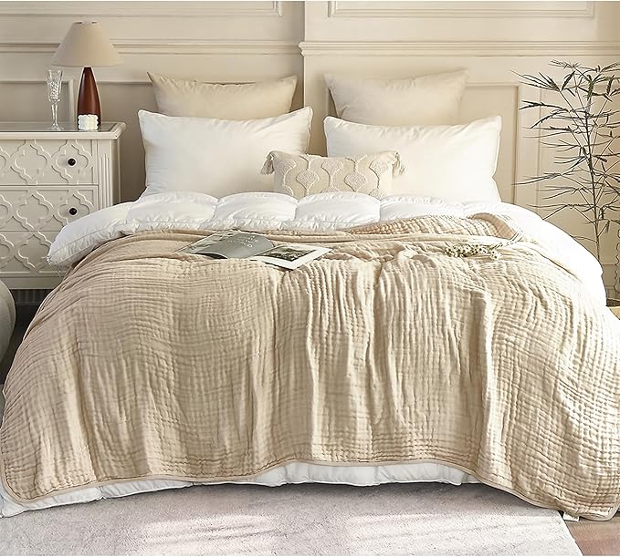 SANACYNA Muslin Blankets for Adults 100% Cotton 6-Layer Gauze Light Tan Bed Blanket Lightweight Soft Breathable King Blanket for Sofa Bed Coverlet Both Sides (Light Tan, King 90" X 104")