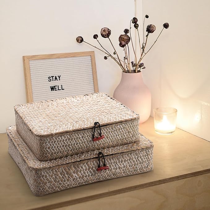 DOKOT Whitewash Flat Seagrass Storage Bins with Lid, Wicker Basket for Shelf Organize, Set of 2 (Small+Large)