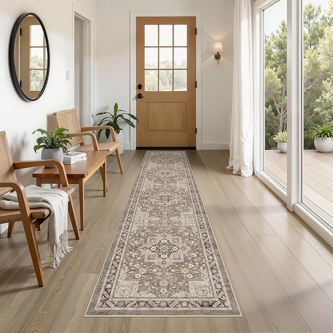 Vintage Hallway Runner Rug 2x8: Large Soft Washable Entryway for Kitchen Laundry Room Non-Slip Backing Runner for Entrance Living Room Bedroom Bathroom - Brown