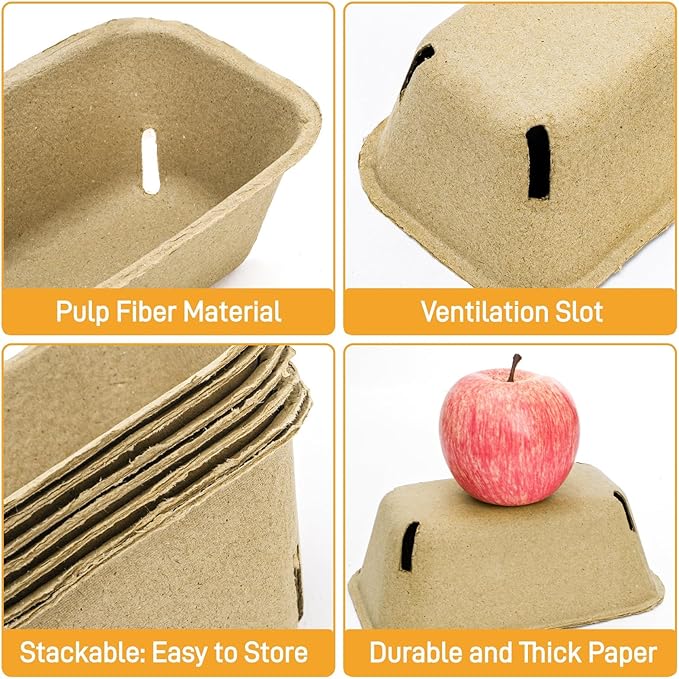 100 Pack Natural Pulp Fiber Berry Baskets, Rectangle Strawberry Produce Vented Container, Bulk Molded Fruit Boxes, Vegetable Picking Holder for Farmers Market, Grocery Store, Backyard Party