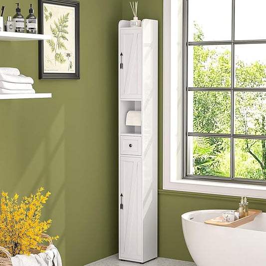 VECELO Tall Narrow Storage Cabinet with Adjustable Shelves, Slim Freestanding Bathroom Cabinet with Toilet Paper Holder, 2 Magnetic Doors & Drawer, for Small Spaces, 7.9" D x 7.9" W x 67" H, White