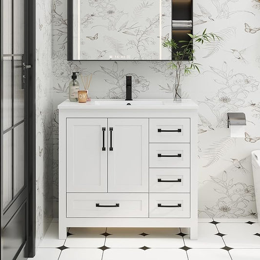 eclife 36" Bathroom Vanities with Sink Combo, Modern Thickened Wood Bathroom Storage Cabinet w/Undermount Sink, Matte Black Faucet Drain, Painted Surface, White