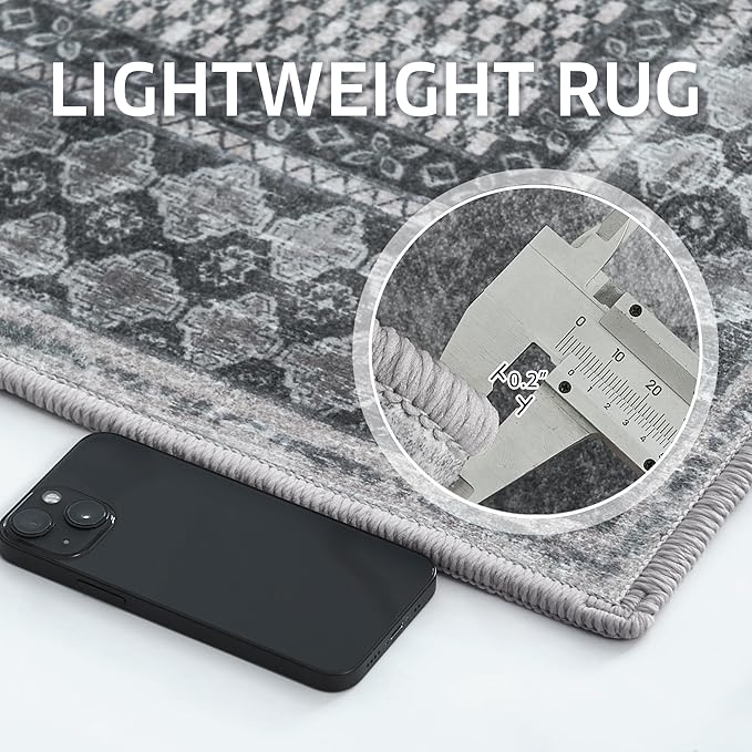 NICETOWN Living Room Rugs 5x8, Thin Washable Vintage Non-Slip Area Rugs for Bedroom, Durable Soft for Dining Room Living Room Laundry, Grey