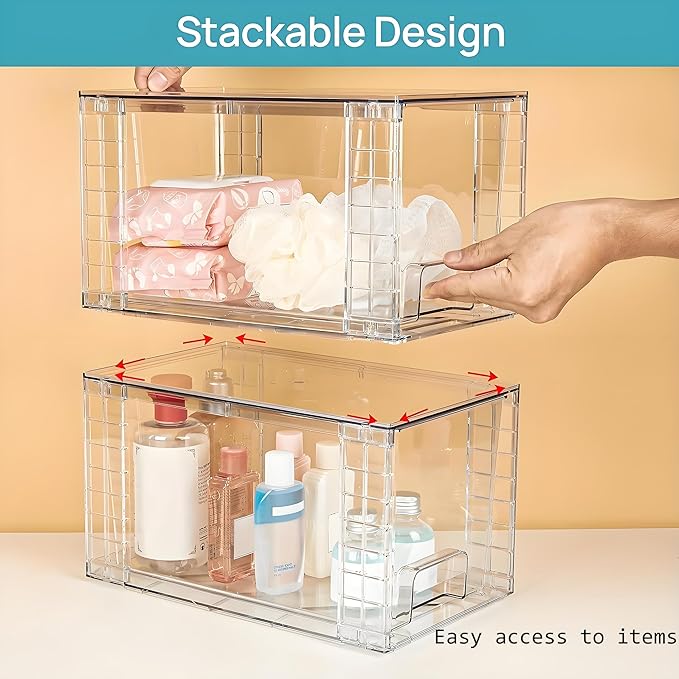 Clear Acrylic Storage Organizer Set, Multi-Purpose Cabinet Bins for Office, Kitchen, Bathroom, Stackable (2)