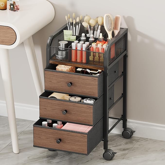SWTYMIKI Rolling Makeup Organizer Cart - Floor Skincare Make Up Storage with 3 Non-woven Drawers, Vanity Organizer Cosmetic Display Cases Cabinet for Skin Care Perfume Nail Polish Brush Hair Tool