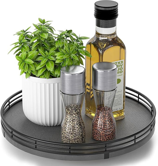 Nature Slate Lazy Susan Turntable for Table Top – 10” Round Slate Tray Organizer for Dining Table, Kitchen Countertop & Bar, Luxury Stone Serving Tray with Black Raised Iron Rim
