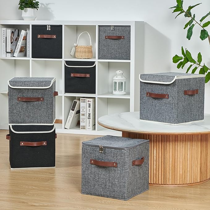 2PCS Storage Cubes with Lid Fabric Storage Bins Boxes PU Leather Handles Cotton Linen Closet Organizer Container Decorative Foldable Washable Shelf Cloth Basket (Flip-top Lid, Gray, 11in)