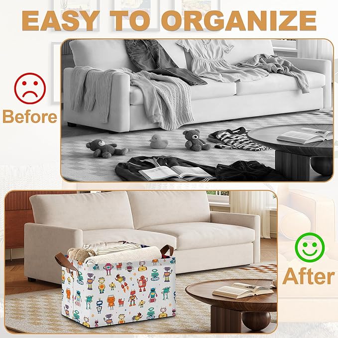 Robot Storage Bin with Handles, Basket Storage Organizer for Shelves, Closet, Nursery, Book, Laundry Hamper & Home Decor