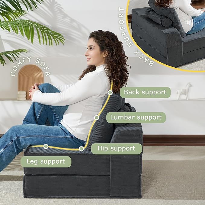 Folding Sofa Bed, 4 in 1 Convertible Sleeper Chair with Pillow, Standard Memory Foam Fold Out Chair Bed, Modern Floor Futon Sofa Couch Mattress for Living Room/Guest/Apartment, Black Grey | Compression sofa bed, L shaped armrest, Sturdy backrest, Large...