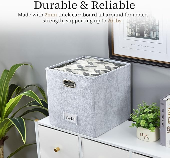 DECOMOMO Felt Storage Bins, 13 inch Cube Storage Bins with Labels for Organization (Cube 13" / 6pcs, Light Grey)