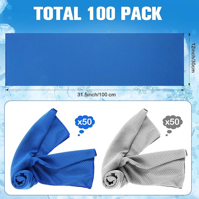 100 Pcs Cooling Towels Bulk 40 x 12 Inch Ice Towel Microfiber Sports Cooling Towels for Neck Face, Breathable Chilly Towel for Yoga Sport(Royal Blue, Light Gray)