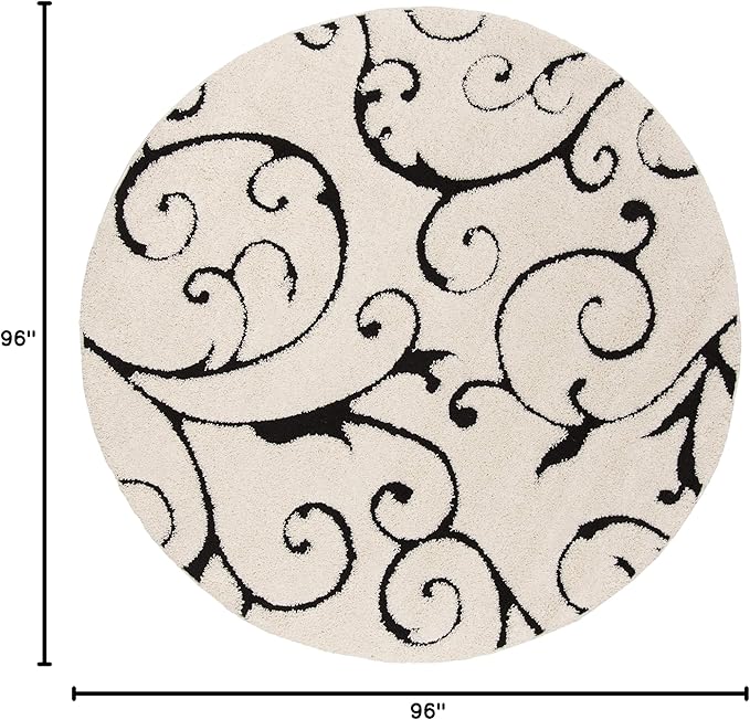SAFAVIEH Florida Shag Collection Area Rug - 8' Round, Ivory & Black, Scroll Design, Non-Shedding & Easy to Clean, High-Low Plush Pile, Ideal for Living Room, Bedroom, Dining Space (SG455-1290)