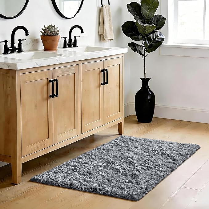 Fluffy Rug Shaggy Area Rug, Grey 3x5 Area Rugs for Bedroom, Small Bedside Rug, Soft Fluffy Shaggy Entryway Throw Rugs for Living Room Bedroom Kids Room Home Decor