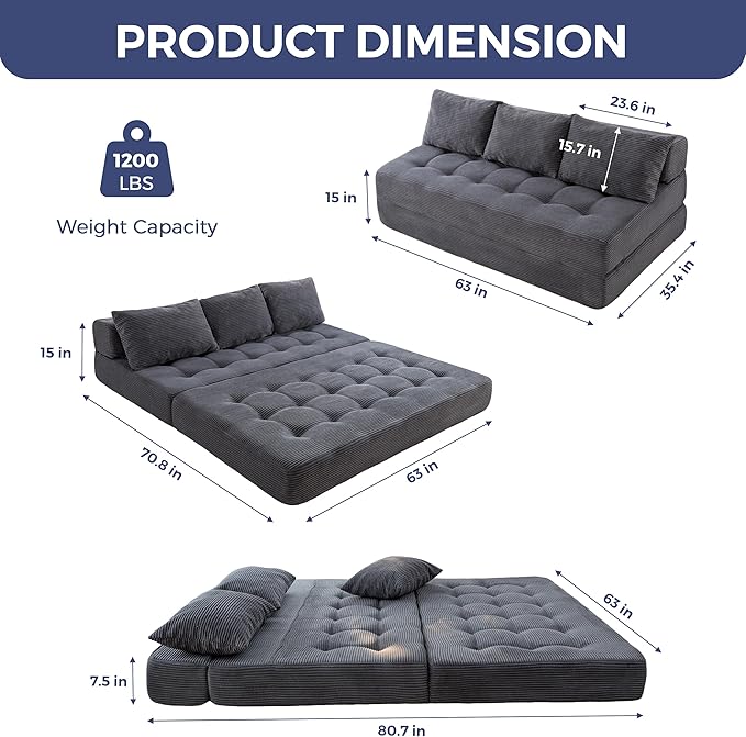 MAXYOYO Folding Sofa Couch, Convertible Floor Sleeper Couch with 3 Pillows, Tufted Floor Oversized Loveseat Couch Tufted Fold Out Chair Bed Comfy Sofa Lounge for Living Room Bedroom, Dark Grey