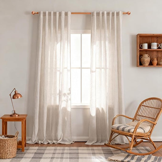 MYSKY HOME Linen Curtains for Living Room 96 Inches Long, Semi Sheer Curtains & Drapes 2 Panels Set Natural Floor to Ceiling Curtain Farmhouse Country Home Decor for Sliding Glass Door, 50" Wide