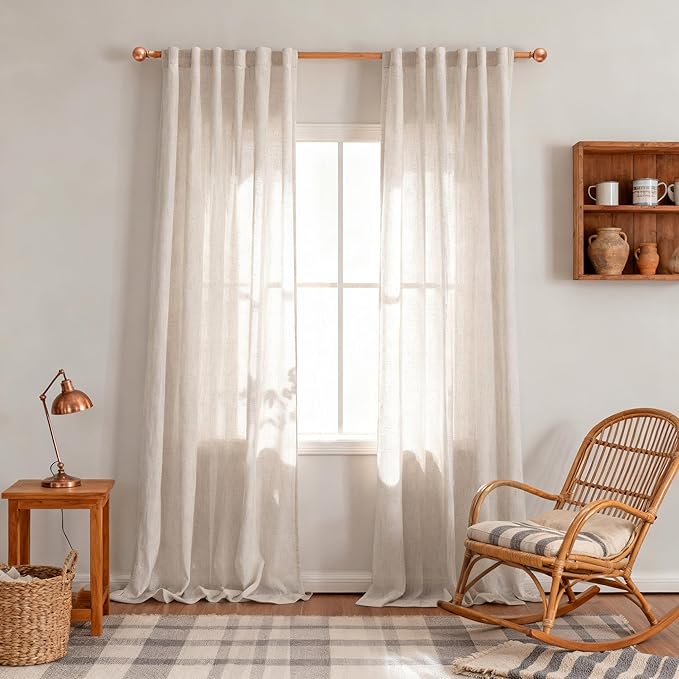 MYSKY HOME 95 Inches Long Curtains for Living Room, Semi Sheer Curtains & Drapes 2 Panels Set Natural Linen Curtain Farmhouse Country Style Back Tab Draperies for Sliding Glass Door, 50" Wide