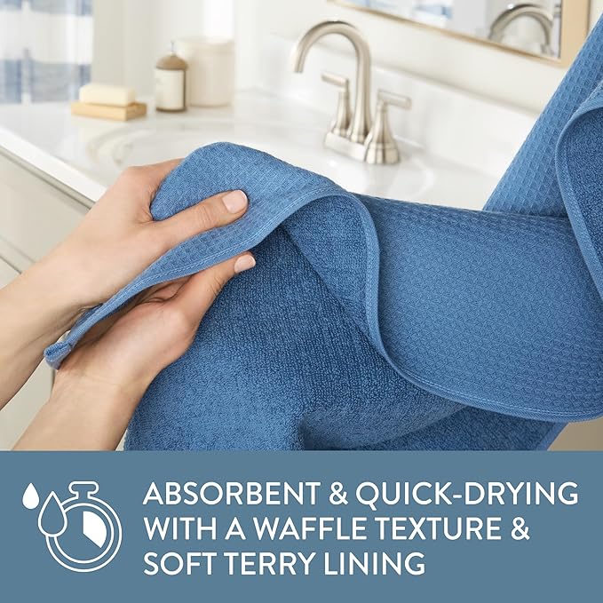 Town & Country Basics 6-Piece Assorted Waffle Woven Terry Stripe Set, 2-Bath Towels, 2-Hand Towels, 2-Washcloths, 100% Cotton, Quick Dry, Blue