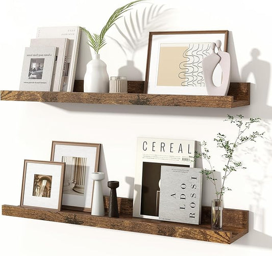 Fun Memories Picture Ledge Shelves Set of 2, 24 Inch Rustic Wall Mounted Floating Shelves with Lip for Home Storage and Décor in Bathroom, Kitchen, Nursery, Bedroom, Living Room, Brown