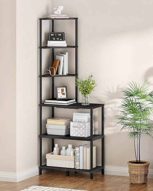 6-Tier Corner Shelf, Industrial Corner Bookshelf with Desk Top, Diamond-Shaped Storage Shelves, Display Stand for Small Spaces, Living Room, Home Office, Foyer, Black TCJ70BB