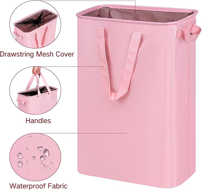 efluky Laundry Basket, Dirty Clothes Basket with Handles, Foldable Laundry Basket for Clothes, Tall Laundry Basket for Laundry Room, Dorm and Bedroom, 12.7 Gallons(48L) Pink, 48HP_24BK