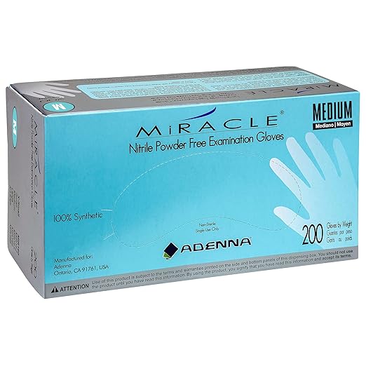 Adenna Miracle 4 mil Powder-Free Nitrile Exam Gloves, Medical Grade, Blue, Medium, Box of 200