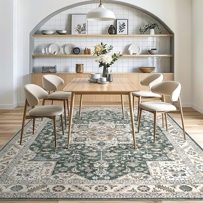 Vintage Living Room Area Rug 6x9 - Large Soft Washable Oriental Traditional Distressed Farmhouse Rugs for Bedroom - Indoor Floor Accent Carpet for Home Office House Decor - Vintage Green