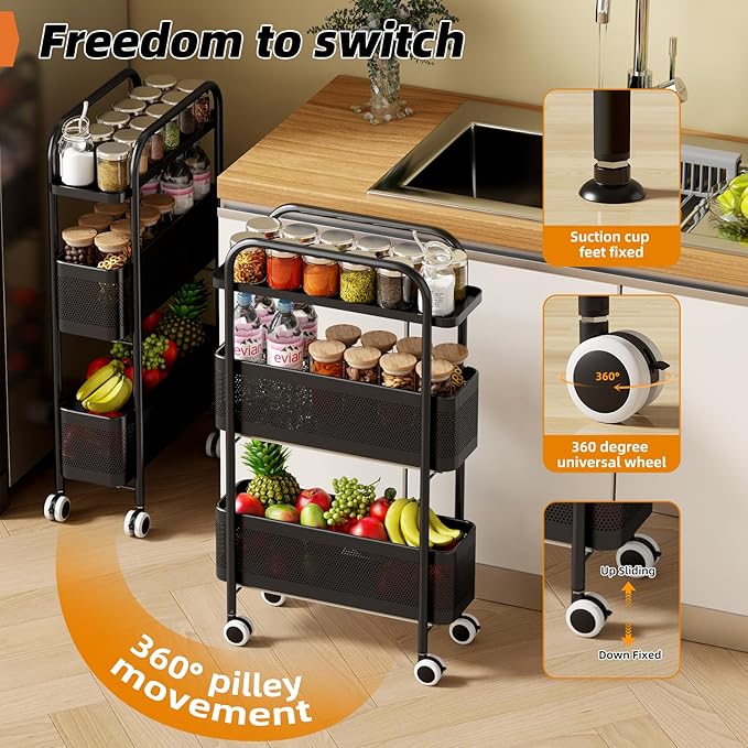 Slim Storage Cart 3 Tier with Pull Out Metal Basket Bathroom Organizer Rolling cart, Installation-Free Rolling Utility Cart Slide Out Organizer for Kitchen, Bathroom, Laundry (Black, 3 Tier)