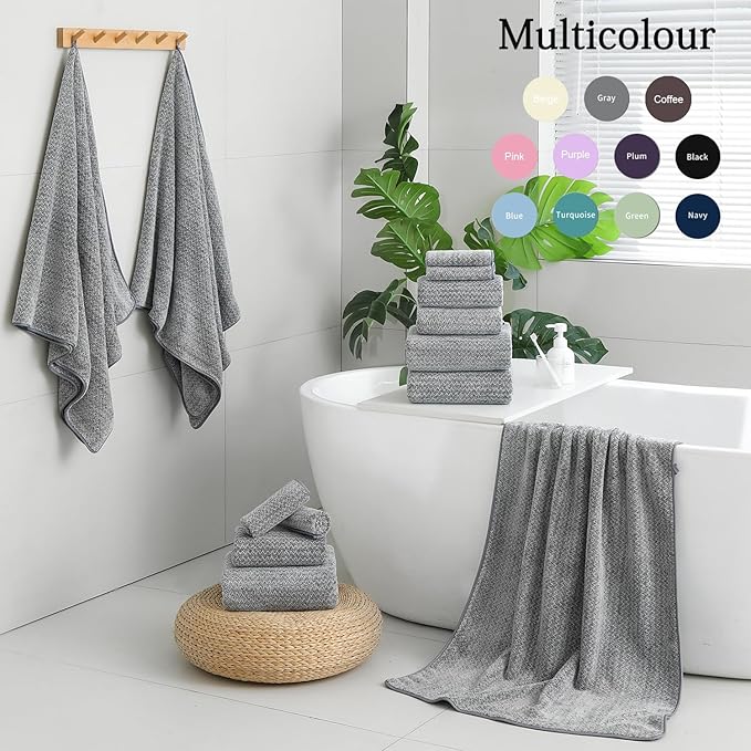 18 Piece Bath Towels Set,100% Microfiber Family Bathroom Towel with Hanging Loops-6 Bath Towels,6 Hand Towels,6 Washcloths,Quick Dry Highly Absorbent Shower Towel for Bathroom,Hotel,Spa-Grey