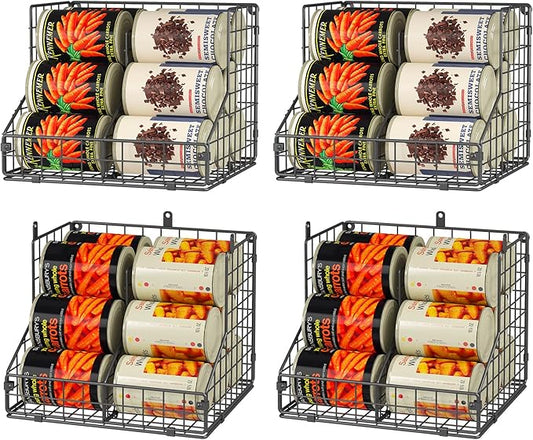 JKsmart 4 Pack Stackable Can Organizer for Pantry with Adjustable Dividers, Soda Can Organizer, Can Storage Dispenser Holds up to 56 Cans, Metal Wire Baskets Can Holder for Kitchen Cabinet Pantry