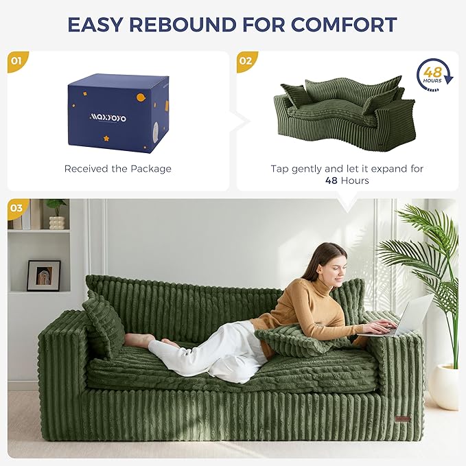 MAXYOYO 76" Bean Bag Sofa Couch, Loveseat Boneless Couch in a Box, Upholstered Small Mini Sofa for Living Room Bedroom Office Apartment, No Assembly, Green