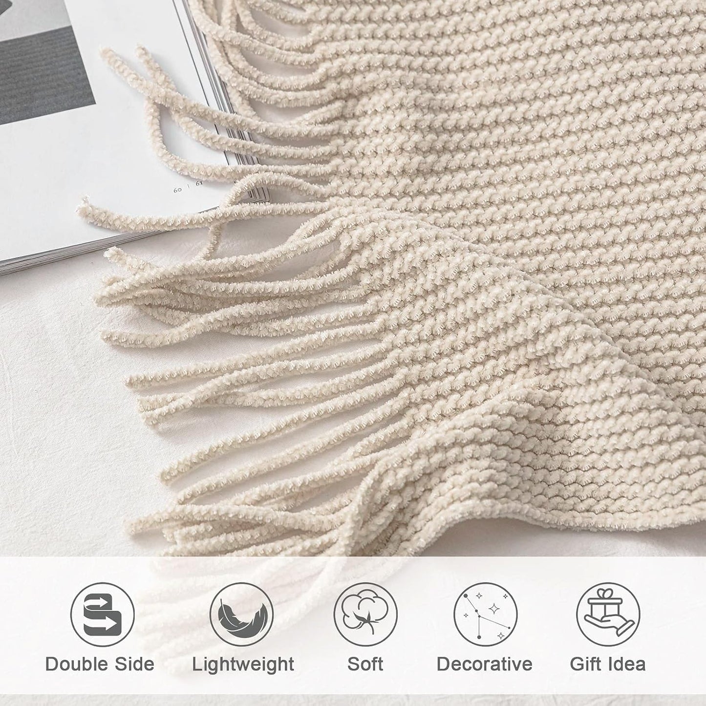Chenille Knit Throw Blanket — Cream/White, Boho Soft, 50×60"