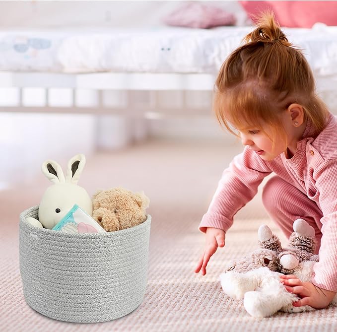 Woven Cotton Storage Baskets - 3-Pack Round Bins (10x10x7'') for Shelves, Closets & Bookcases | Durable Rope Organizers for Nursery, Baby, Toys, Easter & More (grey)