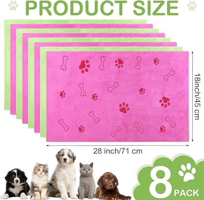 8 Pcs Dog Towels for Drying Dogs Cats Pet Towels Bulk Puppy Microfiber Quick Drying Paw Bath Bathing Supplies Absorbent for Medium Pets(Hot Pink,Green,40 x 24 Inch)