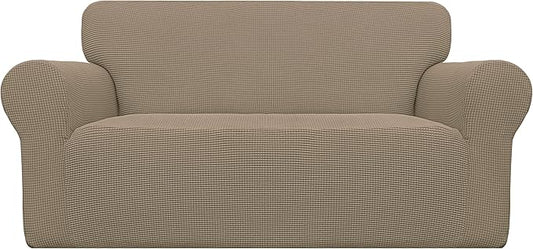 Easy-Going Stretch Loveseat Slipcover 1-Piece Sofa Cover Furniture Protector Couch Soft with Elastic Bottom for Kids Polyester Spandex Jacquard Fabric Small Checks (Loveseat, Natural)
