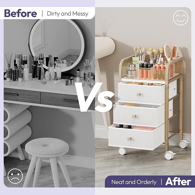 SWTYMIKI Rolling Makeup Organizer Cart - Floor Skincare Make Up Storage with 3 Non-woven Drawers, Vanity Organizer Cosmetic Display Cases Cabinet for Skin Care Perfume Nail Polish Brush Hair Tool