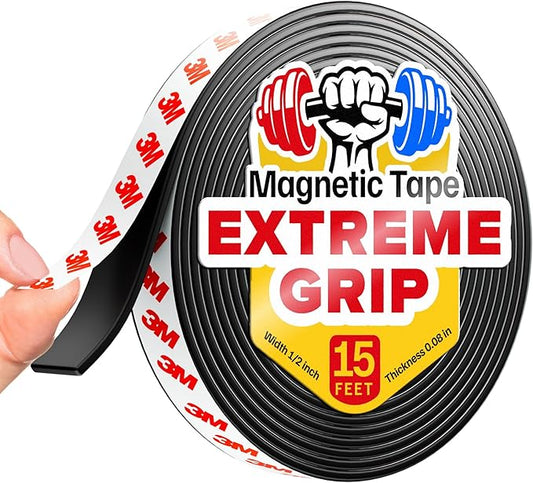 Super Sticky Magnetic Tape (15 ft x 0.5 in) - Stong Magnet Strip with Adhesive Backing - Easy to Cut and Mount on Fridges, Whiteboards & More